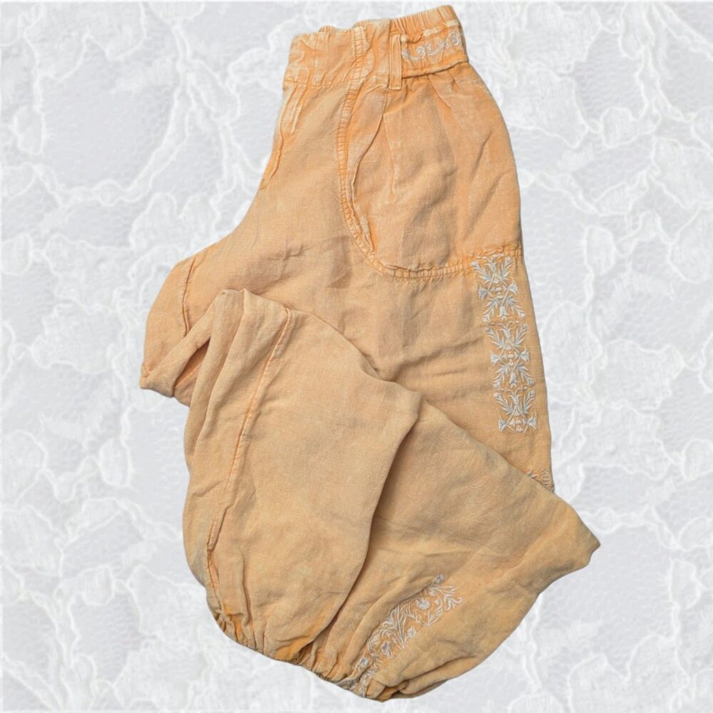 Anthropologie Boho Chic Embroidered Linen Blend Parachute Pants Mango Mojito XS